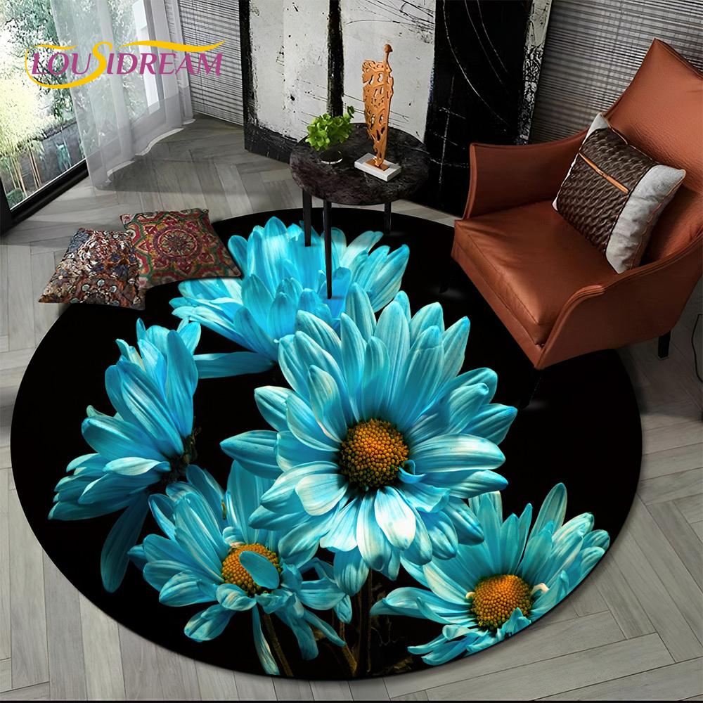 3D Dream Flower Rose Daisy Nordic Round Carpet Rug for Living Room Bedroom Child Playroom Chair Decor,Pet Area Rug Non-slip Mat