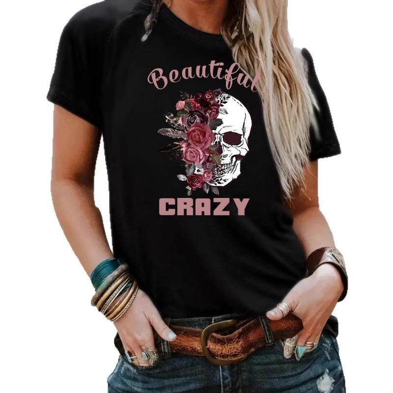 Round-neck Fashionable Skull Flower Print Top Women's T-shirt with Loose Short Sleeves