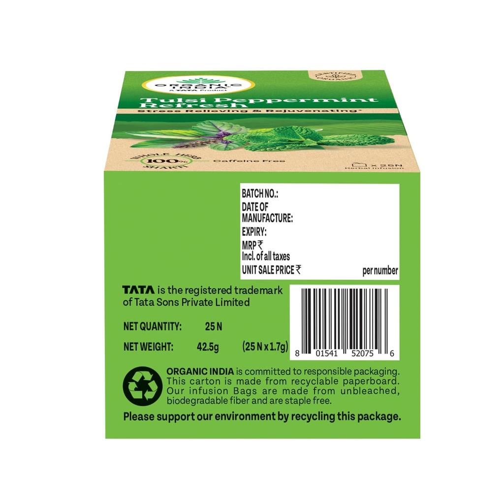 Organic India Tulsi Peppermint Refresh Tea Bags 25  | Stress Relieving & Rejuvenating Herbal Tea