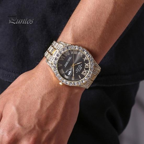 Rhinestone Men Watch Ladies Quartz Round Dial Alloy Decor Roman Umber Calendar Movement No Delay Time-checking High Accuracy Wristwatch Business