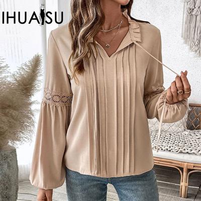 Women's Temperament Shirt Blouse Autumn Solid Colour Casual Tie V-neck Shirt