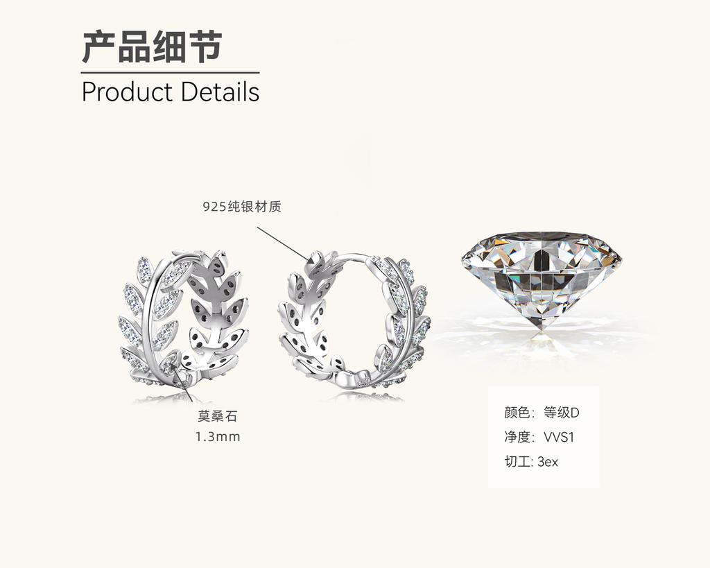 Silvere Glam The Instagram-style Leaf Moissanite Earrings, Ear Clips, Women's High-end Look, 925 Sterling Silver Ear Rings And Earrings