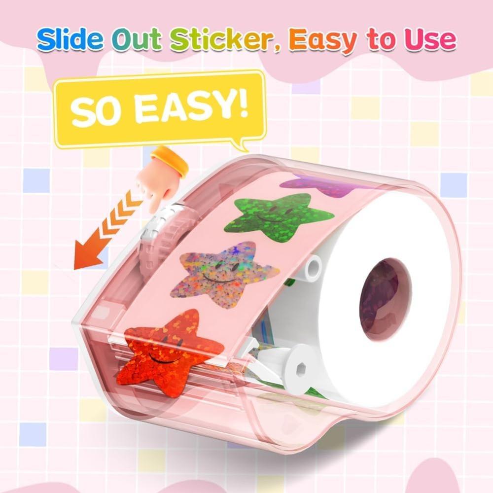 Manual Sticker Dispenser for 1-1.5 Inch Roll Stickers(1500Pcs) for Kids Gift Decoration Rewards Pink