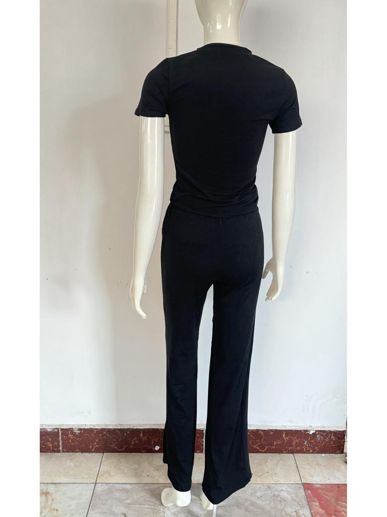 2025 Women's Spring Solid Color Casual Two-Piece Set: Short Sleeve & Long Pants