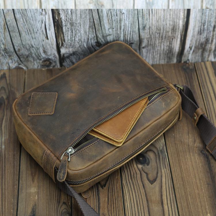 Vintage Crazy Horse Leather Men's Crossbody Messenger Bag - Genuine Leather, Handmade, Casual, and Trendy.