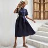 Women's Polka Dot Printed Dress Casual Crew Neck Tie Pleated Spring Summer Short Long Sleeve Mediumn