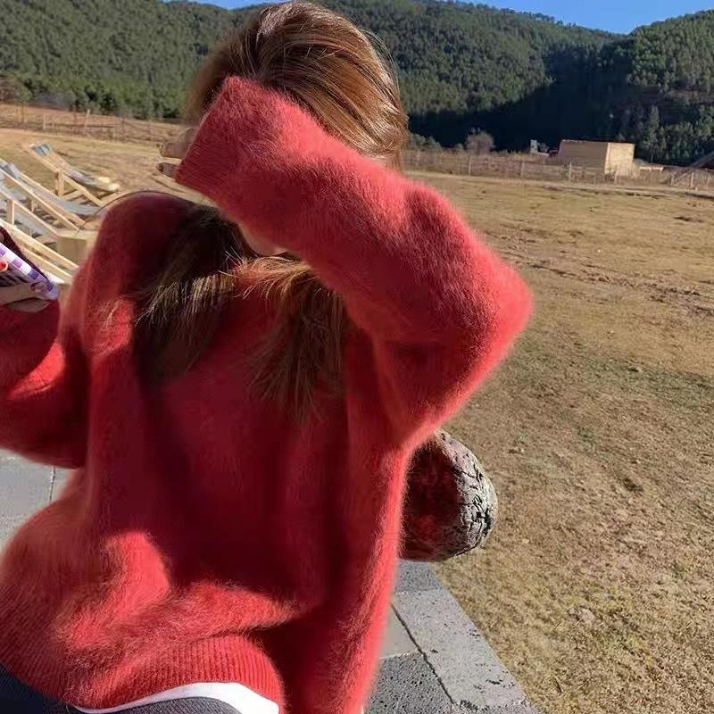 

Мятно-зеленый круглый вырез свитер из искусственной норки женский свободный вязаный свитер премиум-класса One Size