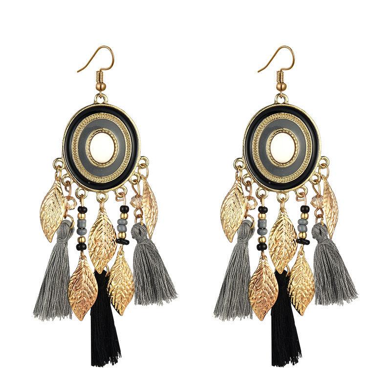 Vintage Ethnic Long Tassels Earrings For Women Boho Gold Color Leaf Drop Exaggerated Dangle Earring Female Party Jewelry