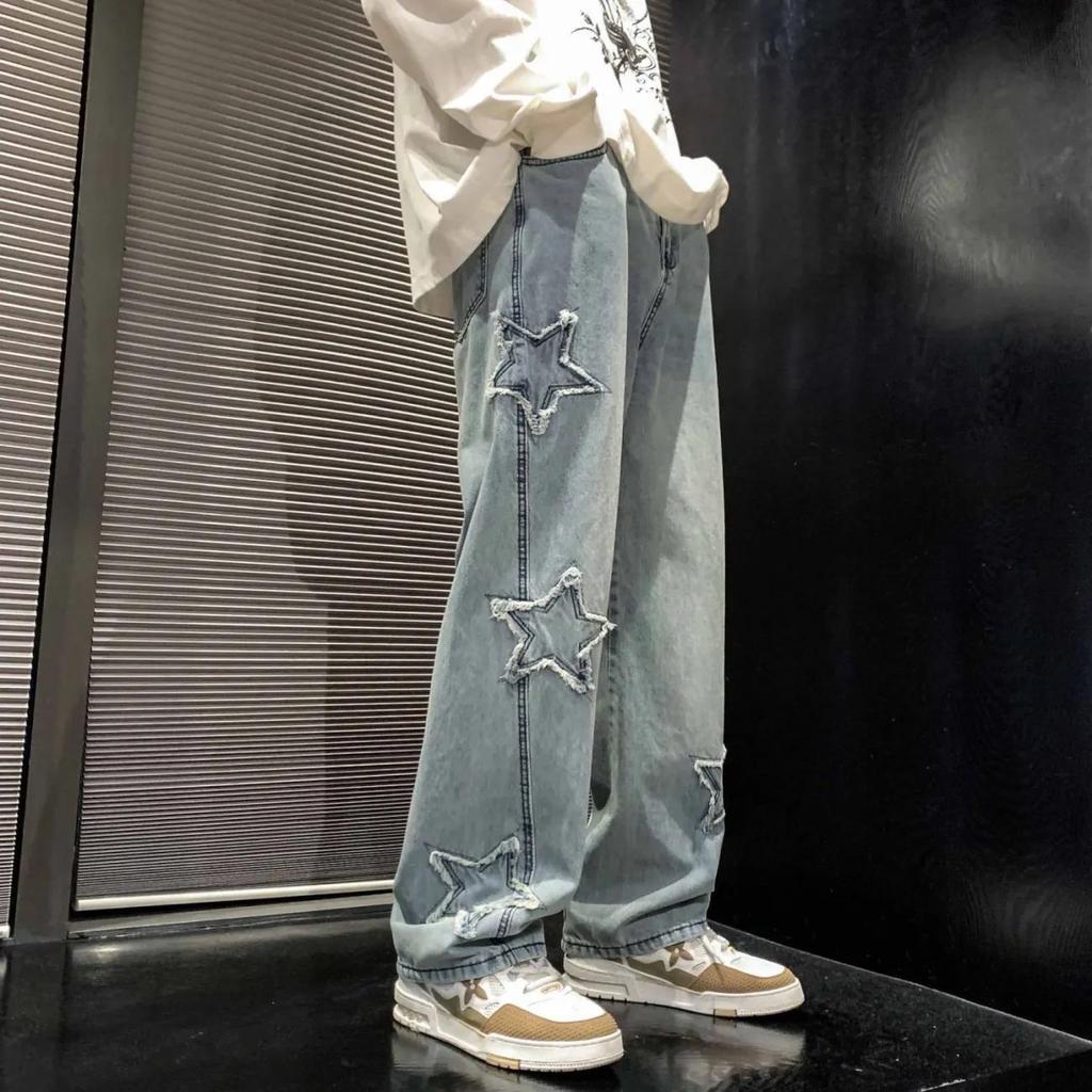 Spring and Autumn Men's Stars Towel Embroidery Brown Men Jeans Pants Clothes Straight Hip Hop Trousers