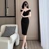 One-word shoulder white wedding license dress simple and generous temperament celebrity French banquet hip skirt high sense