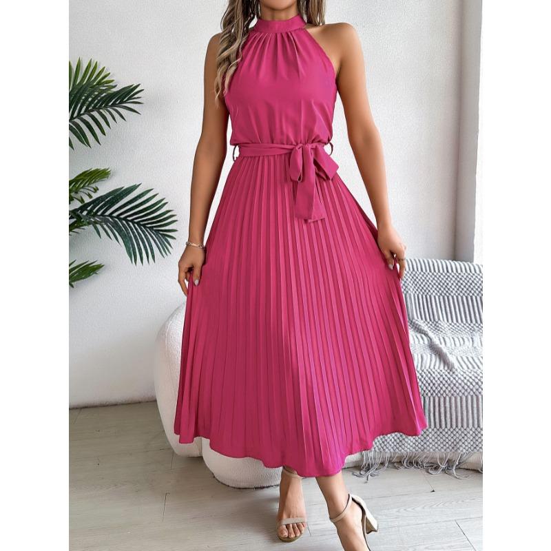 Sleeveless Summer Pleated A-line Dress Casual Solid Color Loose Party Lace-up Elegant Dresses Fashion Midi Sweet Stand Collar Holiday Clothing