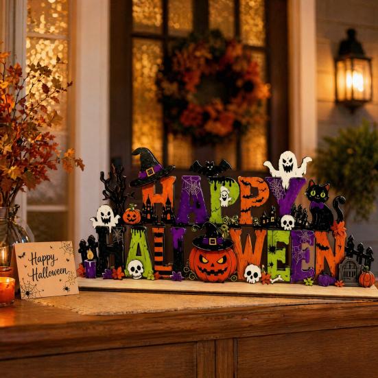 Fall Season Shelf Decor Happy Halloween Wooden Sign Ornaments with Pumpkin Ghost And Bat Elements for Decorative Party Props Tiered Tray Table Autumn