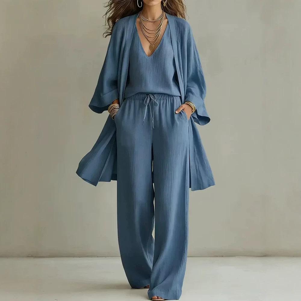 1116 women's loose V-neck suspenders wide-leg pants cardigan cotton and linen three-piece set hot-selling