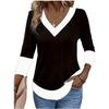 Elegant V-neck Black and White Color Block Women's T-shirt 2025