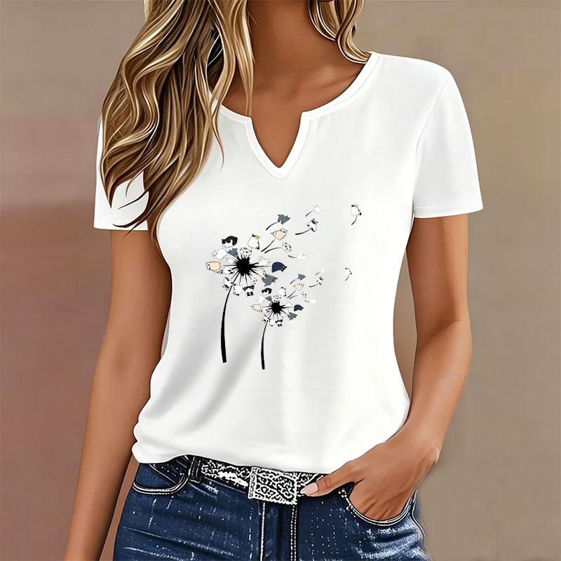 Fashion Funny Cat Flower T-shirt V Neck Casual Y2k Style T Shirts Women Short Sleeve Tee Shirt V-Neck Summer Spring