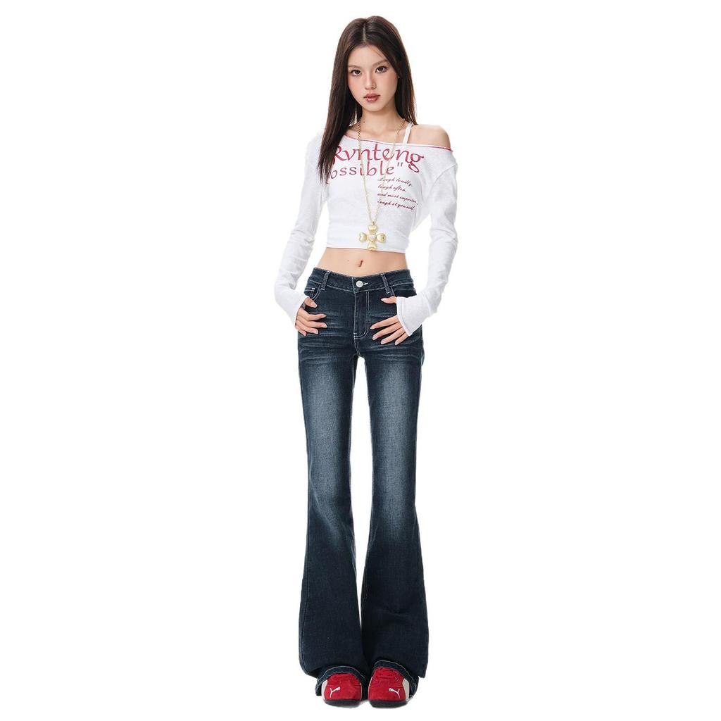 Blue-Gray Low-Waisted Slim Fit Flared Jeans for Women - Autumn Design