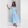 women's High Waist Puff Sleeve V Neck Midi Dress Solid Color Vacation Casual Party Dress