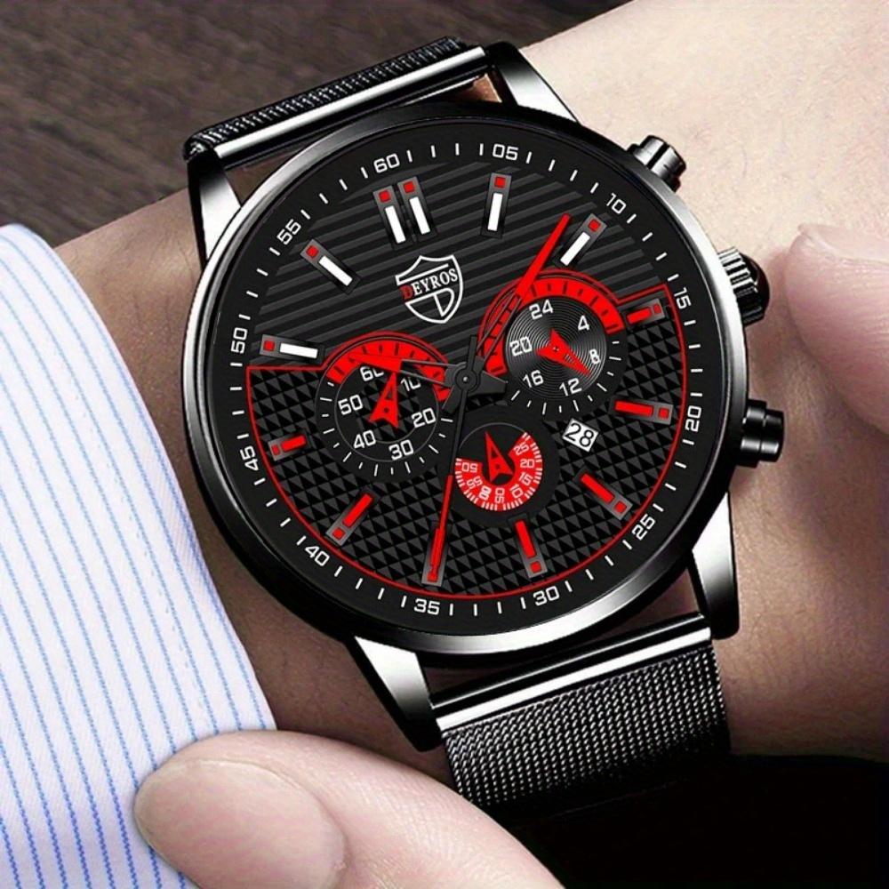 DEYROS 4PCS Set Fashion Mens Sports Bracelet Watches for Men Stainless Steel Quartz Wristwatch Classic Male Casual Leather Watch