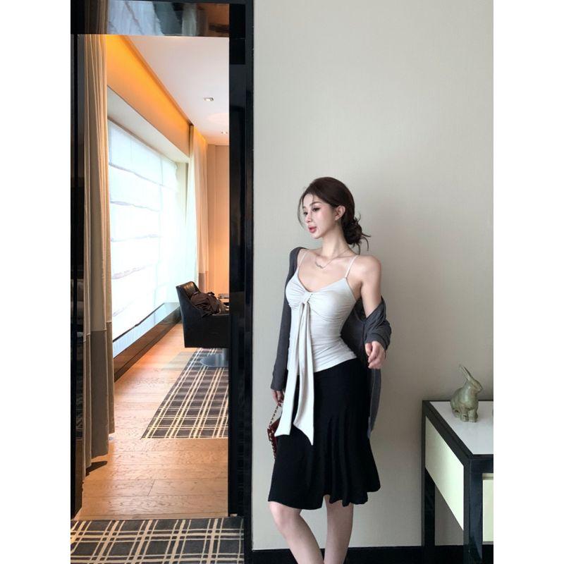 Kumikumi Idle Style Cardigan Outerwear Inner Wear Streamer Vest Sling Women Autumn Slimming Skirt Three-Piece Set