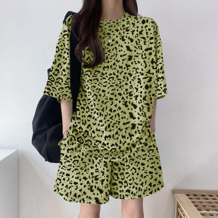 Women's Leopard Print Short Sleeve Top & Bermuda Shorts 2 Piece Tracksuit Plus Size Korean Casual Loungewear Set 2026 Summer Four Seasons Pajamas