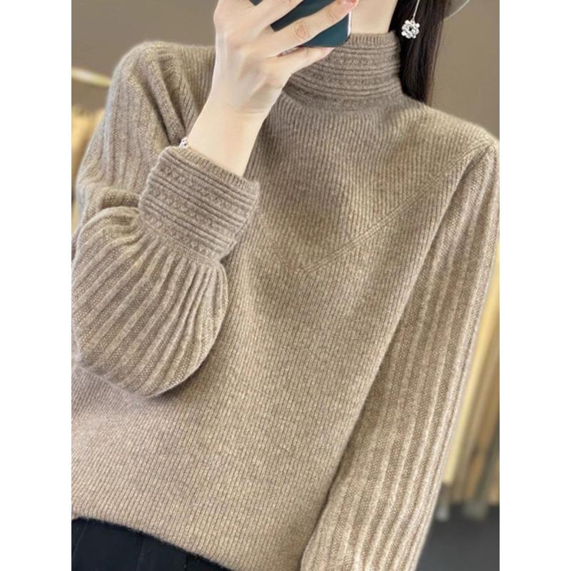 New Autumn Winter Half Turtleneck Puff Sleeves Women Loose Knitted Base Sweater