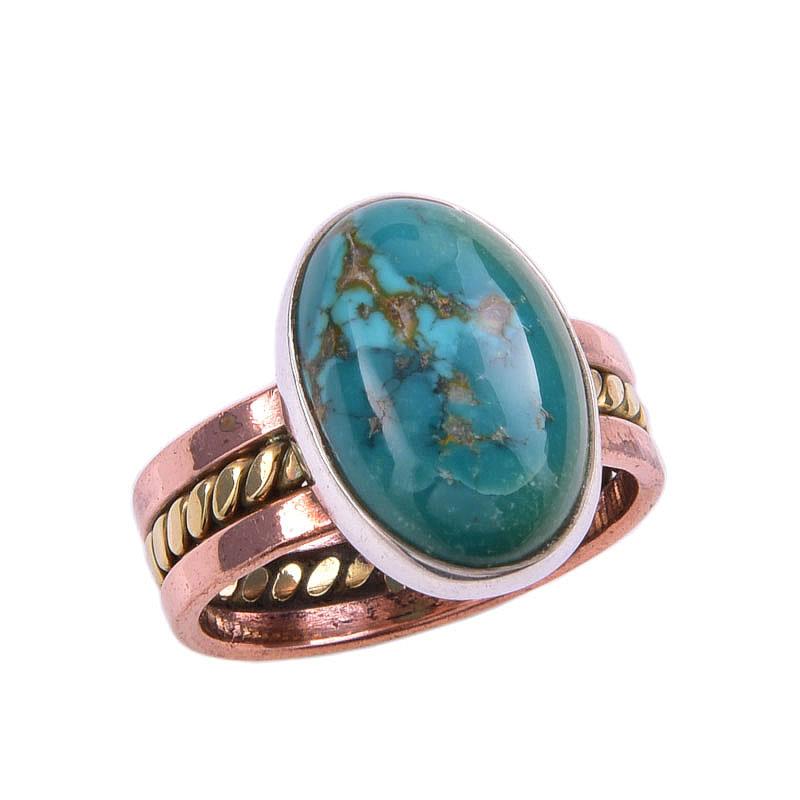 Natural Tibetan Turquoise Gemstone 925 Sterling Silver Two Tone Ring Size 7 d6Y51