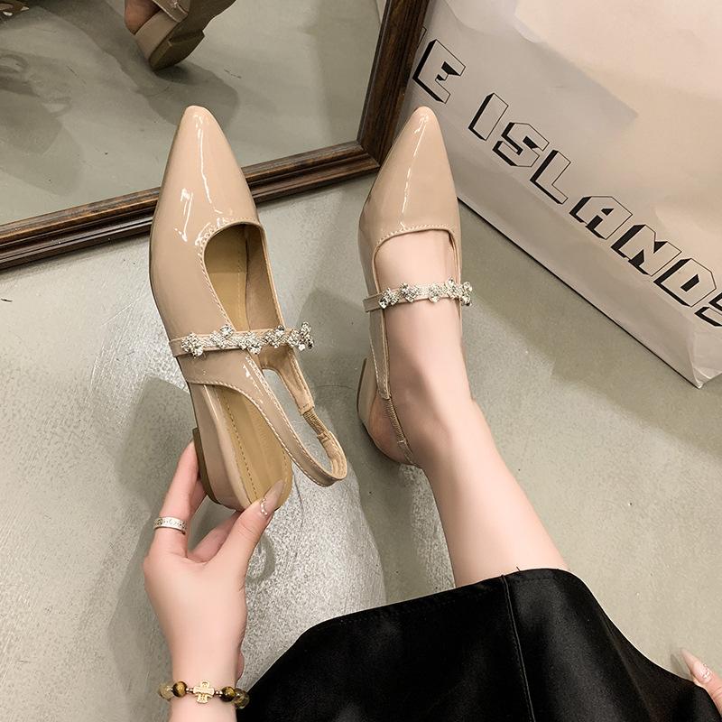 One word with rhinestone sandals women's summer new bag head half drag flat shoes pointed single shoes women's outer wear