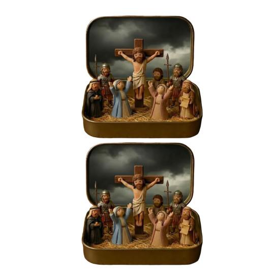1/2 Stück Jesus Kreuzigungsszene Set in Blechdose Handgefertigt Taschenformat Miniatur Jesus Auferstehung Blech Harz Ornament Religiöse Dekoration