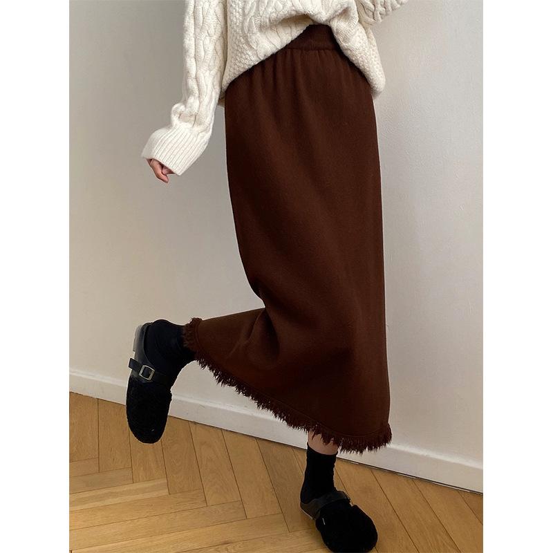 

Вязаная полуюбка для женщин на осень и зиму, утолщенная миди-длина, А-силуэт с кисточками, облегающая бедра юбка-карандаш с эластичной талией, шерстяная длинная юбка L