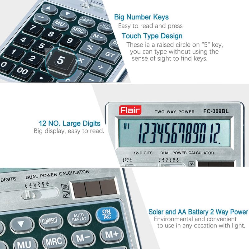 Flair FC-309 Desktop Calculator Grey Dual Power GT Keys Metal Cladding 99 Steps Check & Correct for Home Office Shop Use
