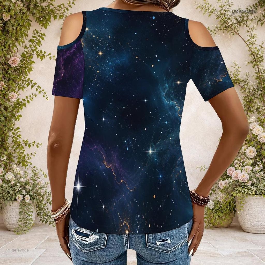 Plus Size Women V Neck Off Shoulder Short Sleeve Soft Floral Print Daily Top