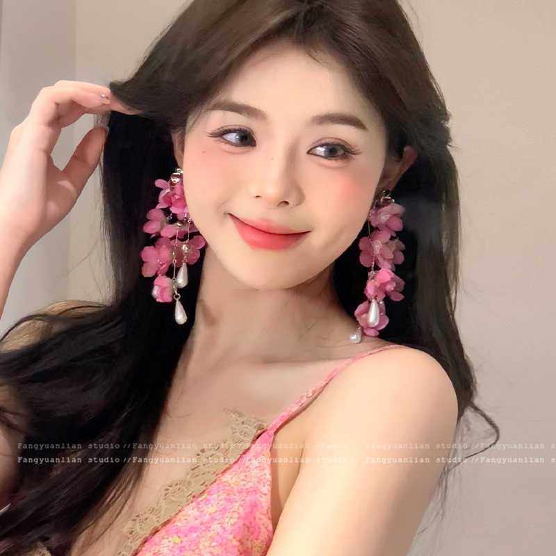 Fabric Flower Pearl Fringed Earrings Super Fairy Temperament Versatile Stud Earrings Fashionable Small Fresh Sweet Earrings Women
