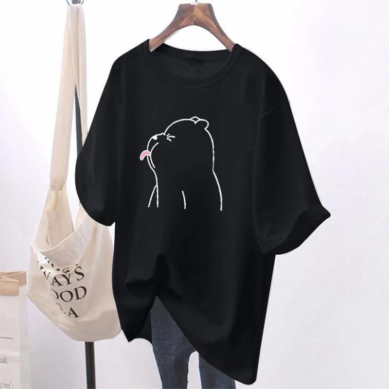 Loose women's cartoon printed T-shirt, round neck sweater, basic, casual, short sleeved, pure cotton