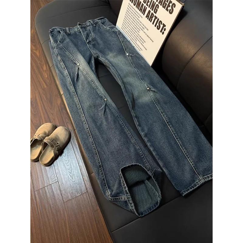 Mens American Deconstructed Rivet Work Jeans Slim Straight Fit Casual Denim Pants