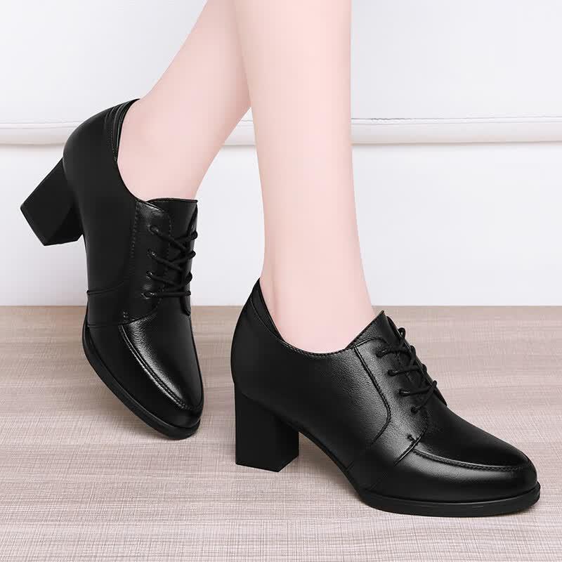 Fuguiniao Women s Pointed Toe Chunky Heel Leather Pumps 38