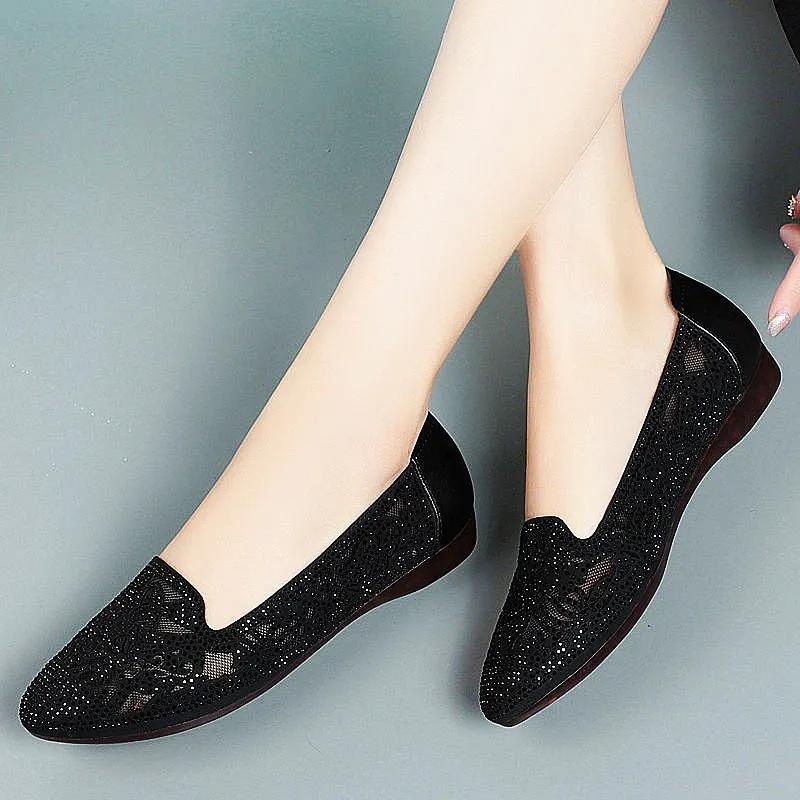 Spring Summer Women's Beef Tendon Bottom Soft Leather Shallow Mouth Soft Bottom Low Heel Hollow Women's Shoes Breathable Mesh Women's Single Shoes