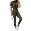 Womens Fashion Solid Color Insert Pocket Casual Lapel Printed Belt Work Jumpsuit