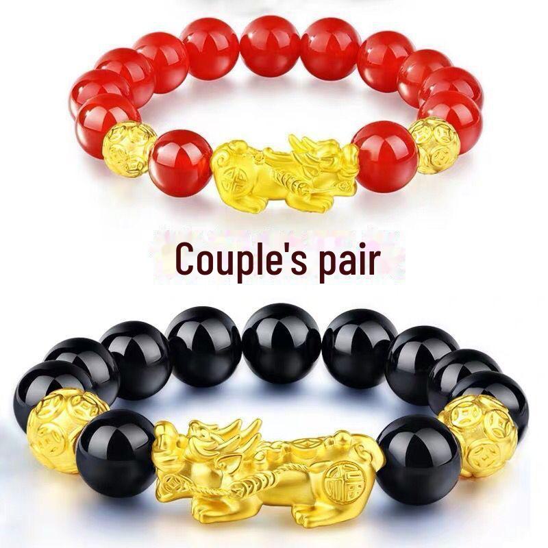Gold-Plated Alloy Pixiu Couple Bracelets for Men & Women - Exquisite Buddhist Bead Jewelry Gifts