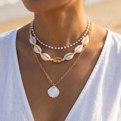 Bohemian Multi-layer Starfish Shell Pendant Necklace for Women Beach Imitation Pearl Metal Beads Choker Neck Chain Party Jewelry