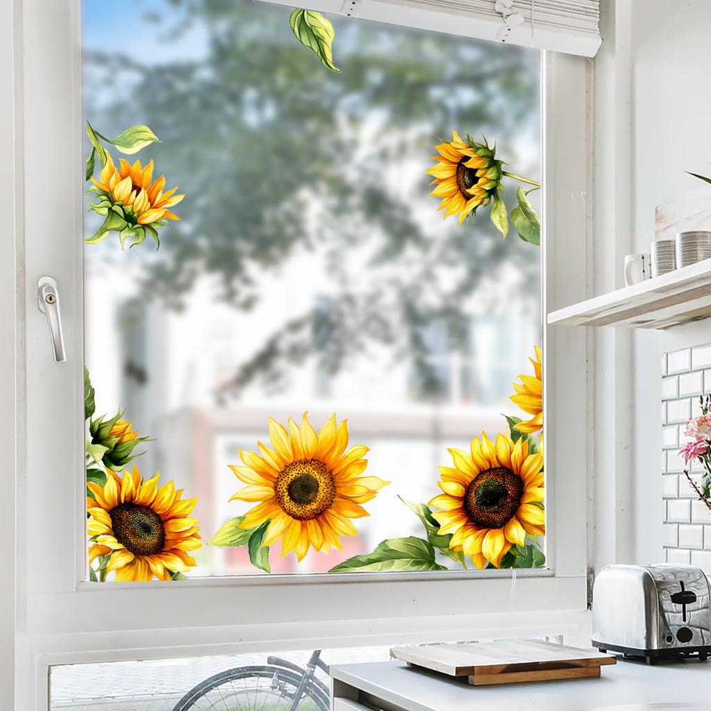 Sunflower Window Decoration Sticker Rustic Style Glass Wall Decal Home Wall Decor Self-Adhesive