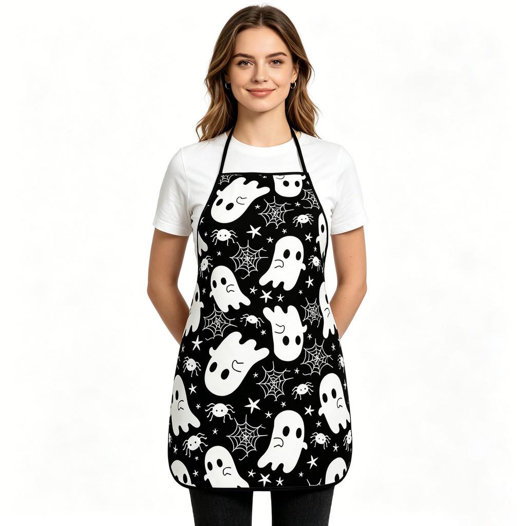 Halloween Ghost Pumpkin Bat Pattern Waterproof Kitchen Apron For Adults And Teens