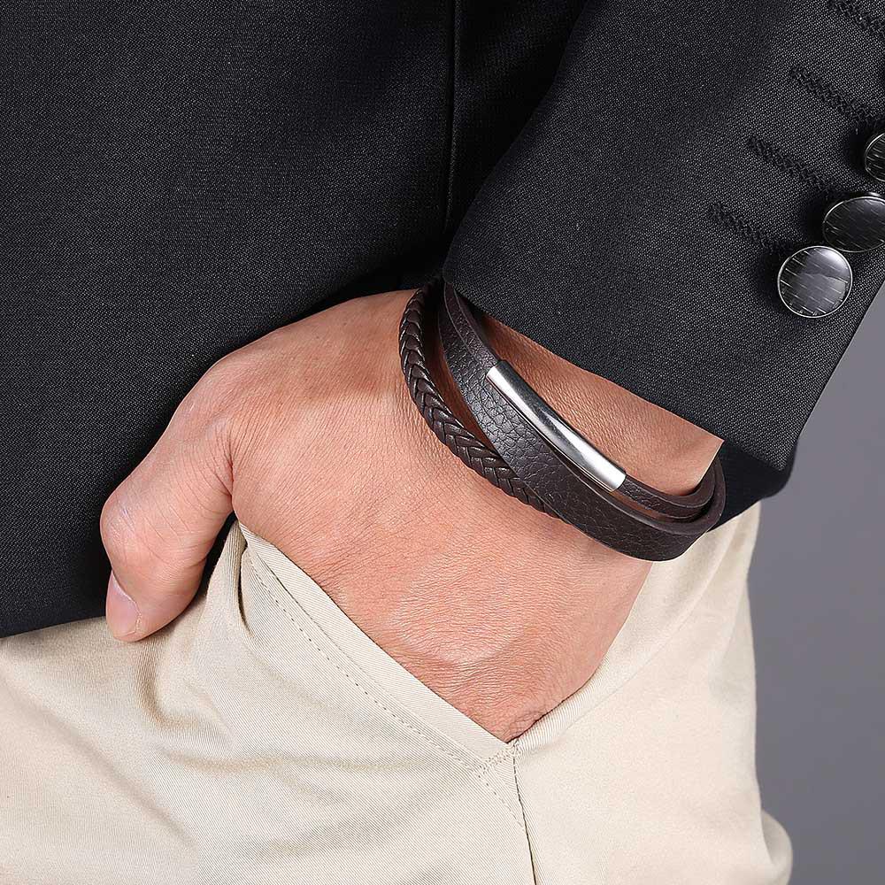 Men's Trendy Stainless Steel Multilayer Leather Magnetic Buckle Bracelet