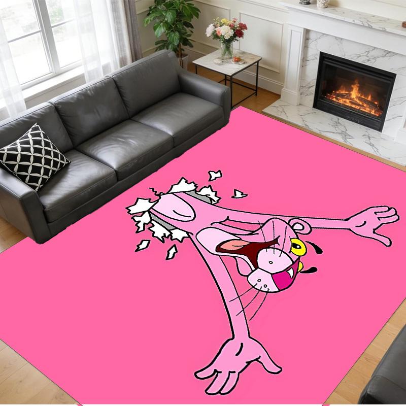 Anti‑Slip Crystal Velvet Floor Rug, Pink Panther Design Carpet for Indoor Living Bedroom Home Decoration