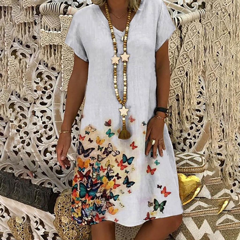 Off-shoulder Midikjole Løs Retro Litterær V-hals Komfortabel Printkjole