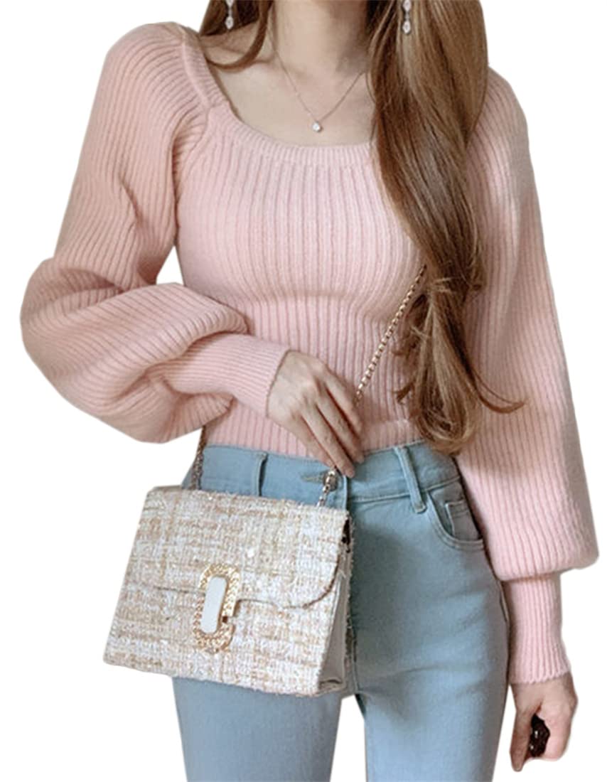 CREAM Knit Pullover Square Long Bubble Puff Solid Casual Everyday Korean Harajuku Elegant One Women s Sweater, Top, Neck, Sleeves, Sleeves, Sleeves,