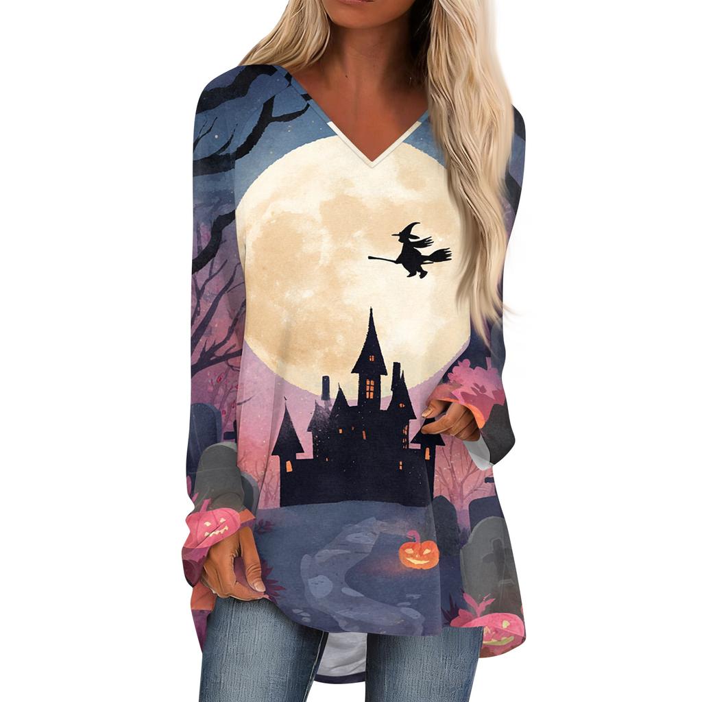 Women's Casual Long Sleeve V-Neck Print Mid-Length Tunic Top