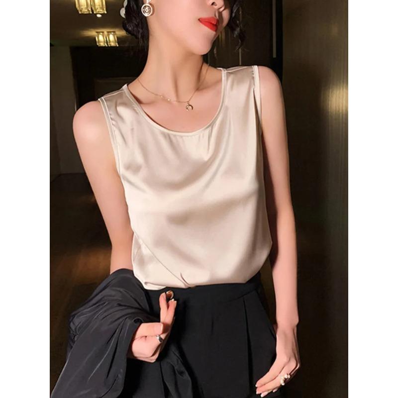 Fashion Silk Thin Short Sleeve Tees Slip Woman Summer Clothes Elegant Tops Solid Loose Casual