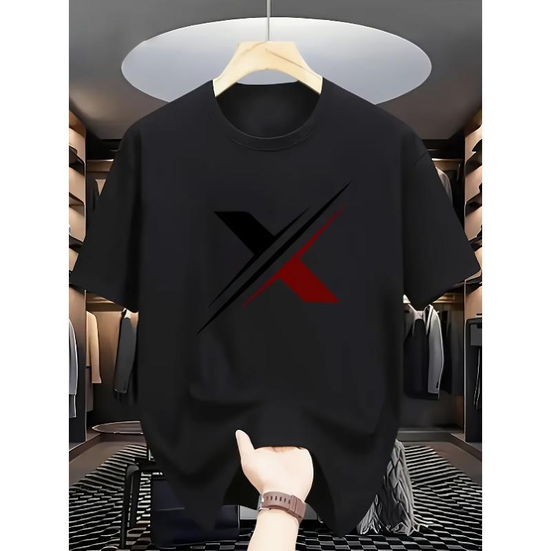 

European size Men S Geometric Pattern T-Shirt - Solid Color Loose Casual Short Sleeve Shirt, with Graphic Design Tops 4XL чорний