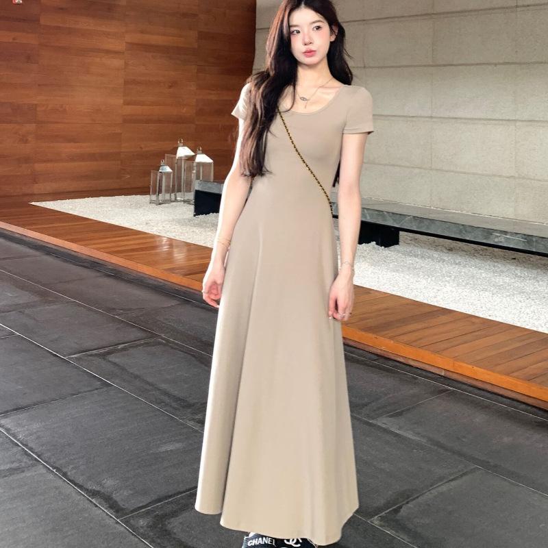 Solid Color Slim-fitting Short-sleeved T-shirt Dress for Children's Summer New Small Temperament Waist and Thin Dress