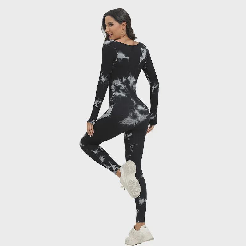 Tie-Dye Square Neck Long-Sleeve Seamless Yoga Jumpsuit